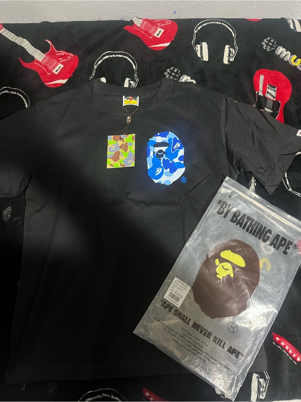 Bape Black Tee with Blue Camo Ape Head
